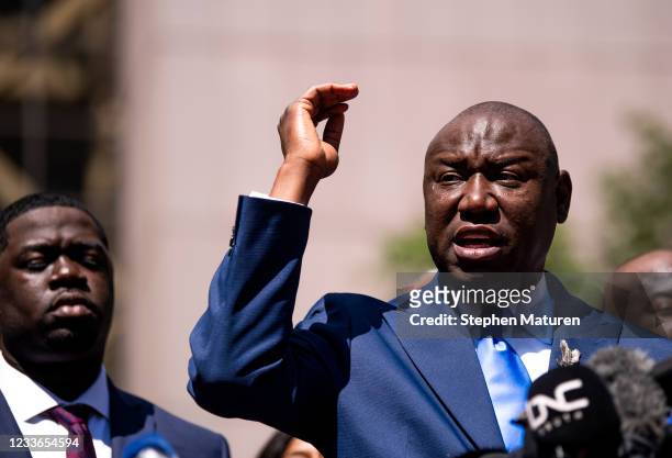 Attorney Ben Crump speaks during a press conference outside the Hennepin County Government Center after the sentencing of Derek Chauvin on June 25,...