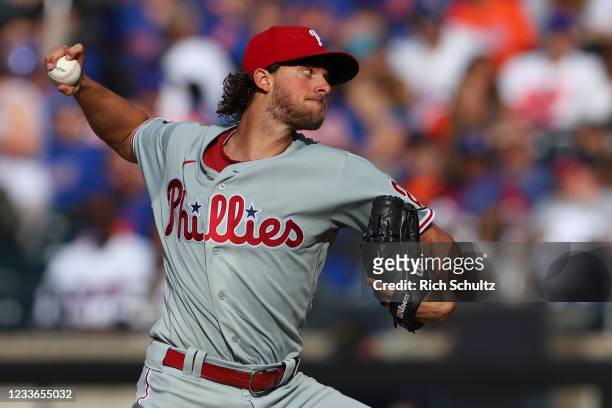Pitcher Aaron Nola delivers a pitch in the fifth inning against the New York Mets during game one of a doubleheader at Citi Field on June 25, 2021 in...