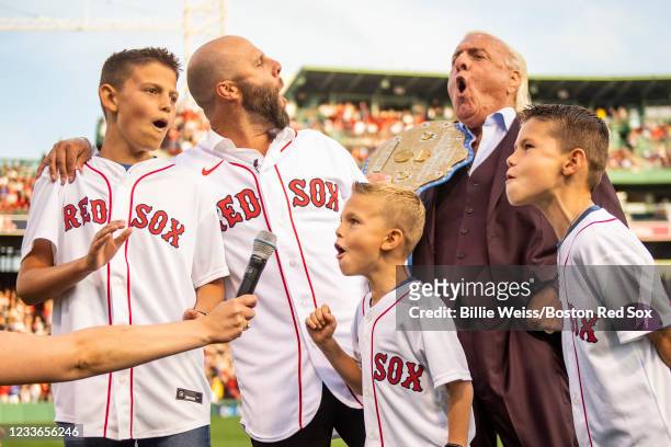 Former Boston Red Sox second baseman Dustin Pedroia announces Play Ball alongside former professional wrestler Ric Flair and his sons Dylan, Cole,...