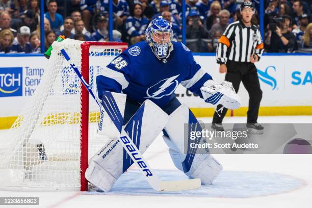 Goalie Andrei Vasilevskiy of the Tampa Bay Lightning tends net against the New York Islanders during the second period in Game Seven of the Stanley...