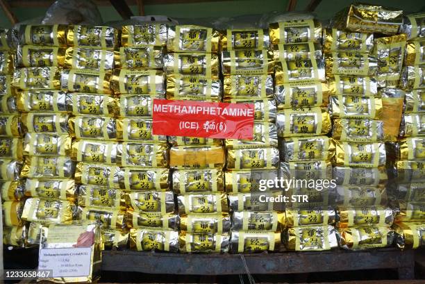 Stack of illegal methamphetamine is pictured before being set on fire during a destruction ceremony to mark the United Nations' "International Day...