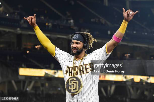 Fernando Tatis Jr. #23 of the San Diego Padres celebrates after the Padres beat the Arizona Diamondbacks 11-5 in a baseball game at Petco Park on...