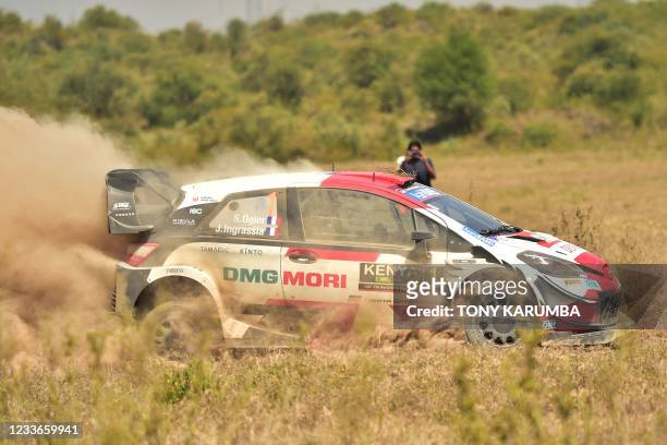 French driver Sebastien Ogier steers his Toyota Yaris WRC with French co-driver Julien Ingrassia during the SS10 stage of the 2021 Safari Rally Kenya...