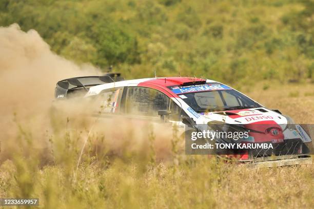 French driver Sebastien Ogier steers his Toyota Yaris WRC with French co-driver Julien Ingrassia during the SS10 stage of the 2021 Safari Rally Kenya...