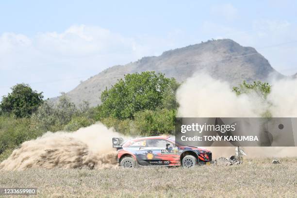 Spanish driver Dani Sordo steers his Hyundai i20 Coupe WRC with Spanish co-driver Borja Rozada during the SS10 stage of the 2021 Safari Rally Kenya...