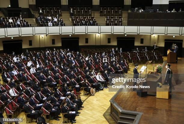 The University of Tokyo holds a welcoming ceremony at the Hongo campus in Tokyo on June 26 for students who entered the state-run university in April...