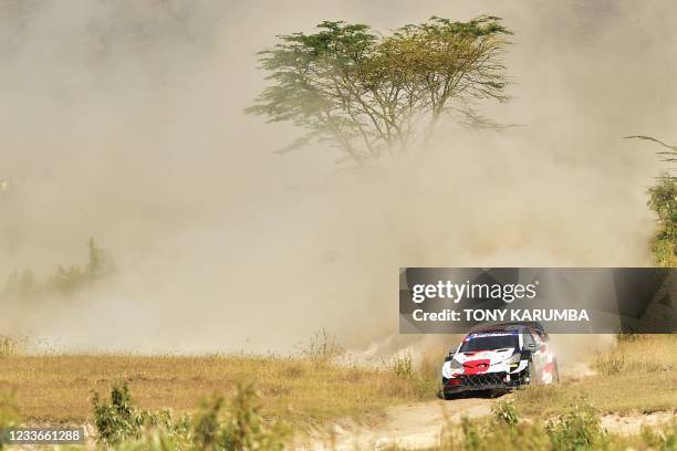 Finnish driver Kalle Rovanpera steers his Toyota Yaris WRC with Finnish co-driver Jonne Halttunen during the SS11 stage of the 2021 Safari Rally...