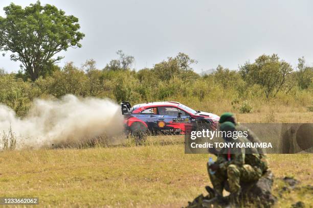 Belgium driver Thierry Neuville steers his Hyundai i20 Coupe WRC with Belgium co-driver Martijn Wydaeghe during the SS11 stage of the 2021 Safari...