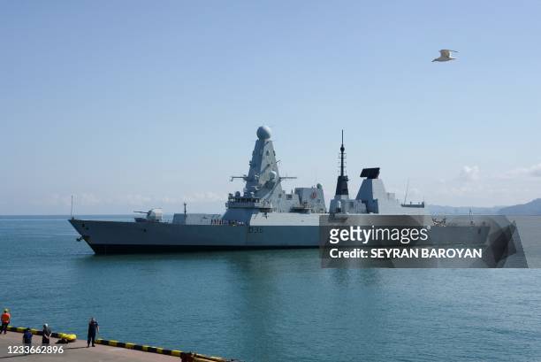 The British Royal Navy destroyer HMS Defender arrives in the Black Sea port of Batumi on June 26, 2021. - HMS Defender, makes a port call in Batumi...