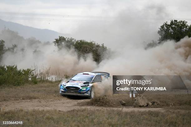 French driver Adrien Fourmaux steers his Ford Fiesta WRC with Belgium co-driver Renaud Jamoul during the SS13 stage of the 2021 Safari Rally Kenya...