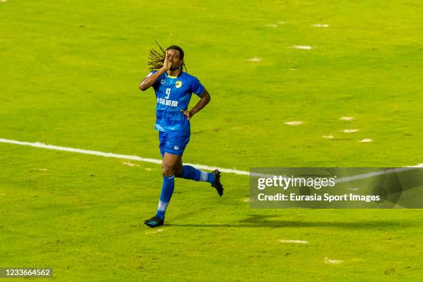 Jhon Miky Benchy Estam of Tainan City FC celebrates after scoring his goal during the AFC Cup Group J match between Lee Man and Tainan City at the...