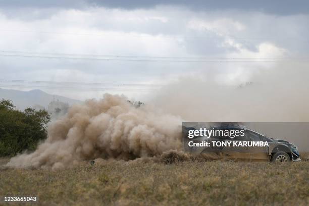 British driver Gus Greensmith steers his Ford Fiesta WRC with Irish co-driver Chris Patterson during the SS13 stage of the 2021 Safari Rally Kenya...