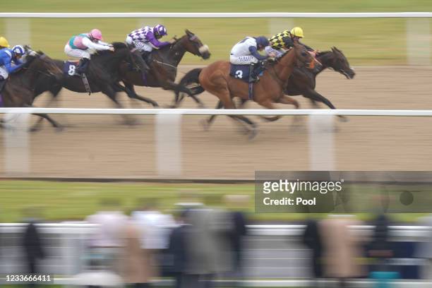 Jockey David Probert riding Oo De Lally wins the William Hill Extra Place Races Handicap race, during the William Hill Northumberland Plate Day at...