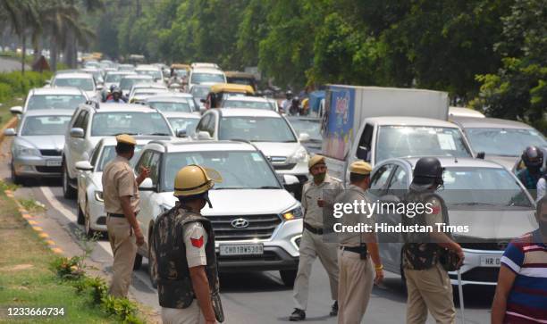 Traffic jam as farmers march towards the Governors residence in Chandigarh to submit a memorandum seeking repeal of new farm laws, on June 26, 2021...