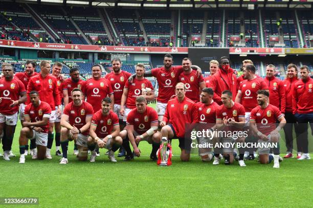 British and Irish Lions captain Alun Wyn Jones poses with squad members after winning a rugby union match between British and Irish Lions and Japan...