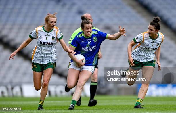 Dublin , Ireland - 26 June 2021; Anna Galvin of Kerry in action against Aoibheann Leahy, left, and Maire O'Shaughnessy of Meath during the Lidl...