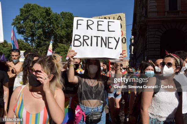People with a sign saying Free Britney, referring to Britney Spears take part in Rome Pride, the LGBTQIA+ parade, on June 26, 2021 in Rome, Italy....