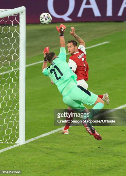 Marko Arnautovic of Austria heads the ball past Italy goalkeeper Gianluigi Donnarumma but the goal is disallowed for offside by VAR during the UEFA...
