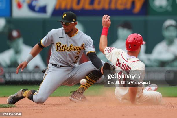 Paul DeJong of the St. Louis Cardinals steals second base against Erik Gonzalez of the Pittsburgh Pirates in the seventh inning at Busch Stadium on...