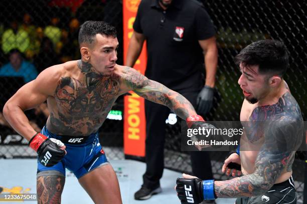 In this handout photo provided by UFC, Andre Fili punches Daniel Pineda in a featherweight fight during the UFC Fight Night event at UFC APEX on June...