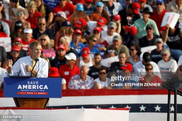 Representative for Ohios Fourth congressional district Jim Jordan, speaks during a campaign-style rally for Donald Trump in Wellington, Ohio, on June...