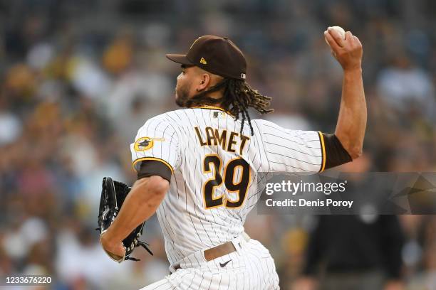 Dinelson Lamet of the San Diego Padres pitches during the first inning of a baseball game against the Arizona Diamondbacks at Petco Park on June 26,...
