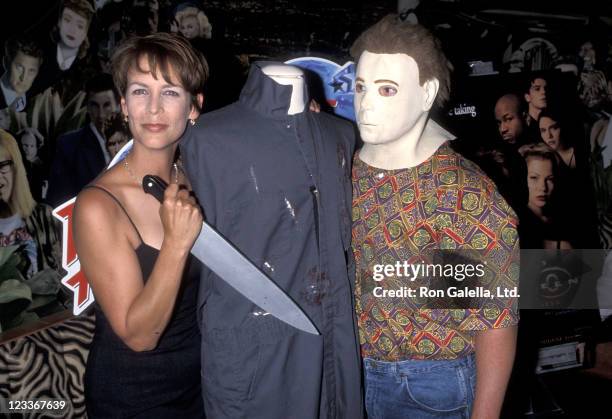 Actress Jamie Lee Curtis and Michael Myers attend "Halloween H20: 20 Years Later" memorabilia donation to Planet Hollywood on August 3, 1998 at...