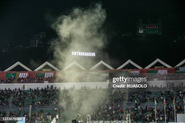 General view of the Andohalo hill from the brand new Barea stadium, during the celebration of the Independence Day in Antananarivo on June 26, 2021.