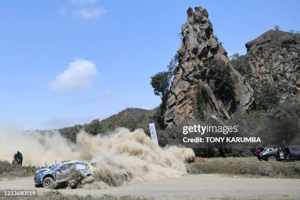 Kenyan driver Onkar Rai steers his Volkswagen Polo GTI with British co-driver Drew Sturrock during the SS18 stage of the 2021 Safari Rally Kenya near...