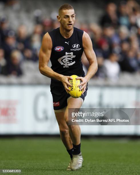 Liam Jones of the Blues looks on during the 2021 AFL Round 15 match between the Carlton Blues and the Adelaide Crows at Marvel Stadium on June 27,...