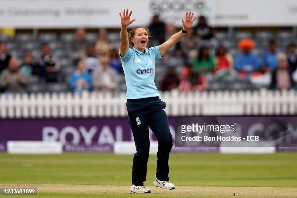 Kate Cross of England appeals during the women's first one day international between England and India at Bristol County Ground on June 27, 2021 in...