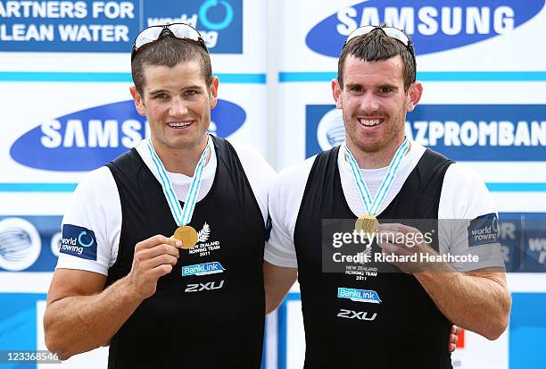 Nathan Cohen and Joseph Sullivan of New Zealand celebrate with their gold medals after winning the Men's Double Sculls final during day six of the...