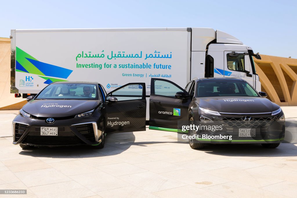 Hydrogen-powered vehicles, operated by Saudi Aramco, on display at ...