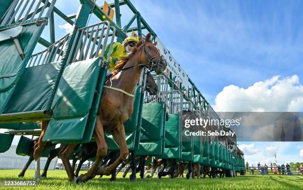 Kildare , Ireland - 27 June 2021; Offiah, with Colin Keane up, leaves the stalls at the start of the Finlay Volvo Irish EBF Median Auction Maiden...