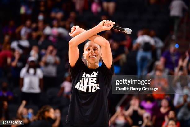 Diana Taurasi of the Phoenix Mercury addresses the crowd after the game after becoming the first WNBA player to hit 9k career points during the game...