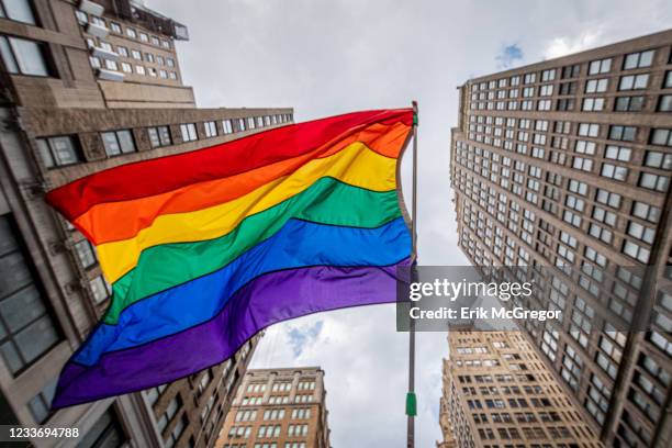 Rainbow flag seen flying at the narch. Thousands of New Yorkers took to the streets of Manhattan to participate on the Reclaim Pride Coalition's...