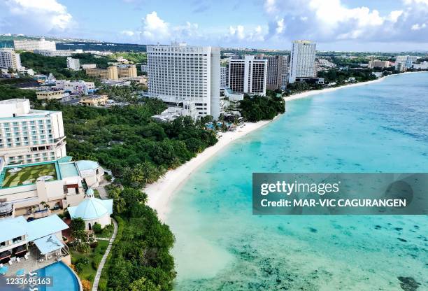 This photo taken on June 24, 2021 shows Tumon Bay in Guam as the US Pacific territory prepares to offer visitors a Covid-19 vaccination with their...