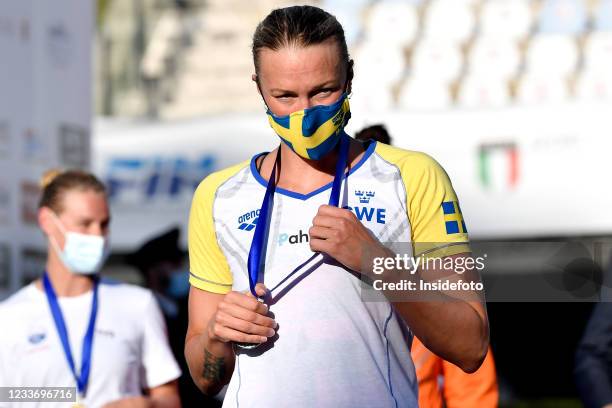 Sarah Sjostrom reacts during the prize ceremony of the women 50m freestyle of the 58th Sette Colli Trophy International Swimming Championships at...