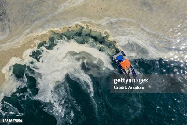 Drone photo shows mucilage continuing to cover the surface of Marmara sea at the Kartal coast in Istanbul, Turkey on June 28, 2021.