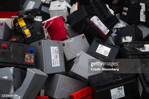 Automotive batteries in a storage bin at a scrap and metals recycling yard in Paris, France, on Monday, June 28, 2021. Commodities have rallied 18%...