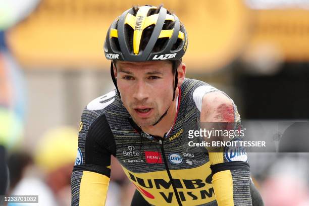 Team Jumbo Visma's Primoz Roglic of Slovenia reacts as he crosses the finish line of the 3rd stage of the 108th edition of the Tour de France cycling...