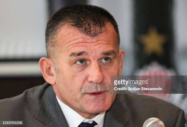 Partizan sports manager Zoran Savic speaks to the media during presentation of the new head coach at Radisson hotel on June 28, 2021 in Belgrade,...