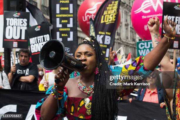 Marvina Newton, founder of United for Black Lives, rallies support as thousands of people attend a United Against The Tories national demonstration...