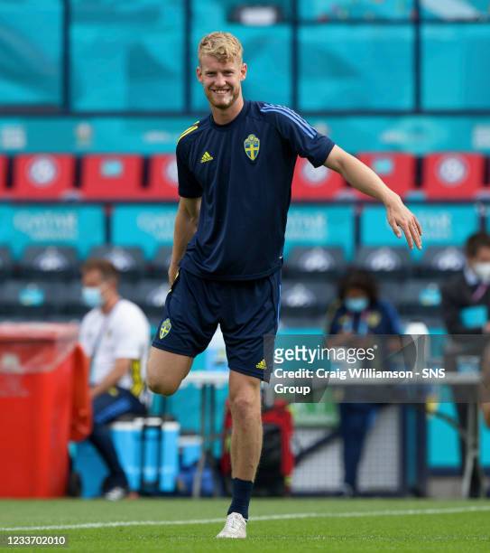 Filip Helander is pictured as the Sweden national side train ahead of a Euro 2020 last 16 match against Ukraine at Hampden Park, on June 28 in...