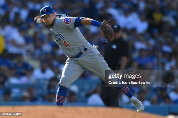 Eric Sogard of the Chicago Cubs makes a throw to first base while playing the Los Angeles Dodgers on June 27, 2021 at Dodger Stadium in Los Angeles,...