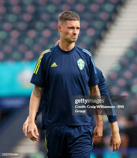 Mikael Lustig is pictured as the Sweden national side train ahead of a Euro 2020 last 16 match against Ukraine at Hampden Park, on June 28 in...