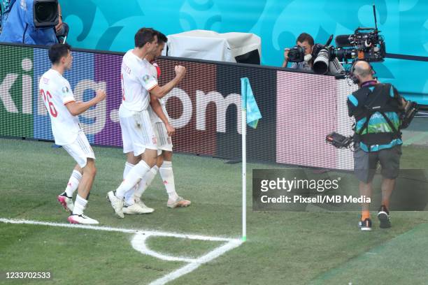 The Spanish national team celebrates the goal during the UEFA Euro 2020 Championship Round of 16 match between Croatia and Spain at Parken Stadium on...