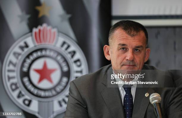 Zoran Savic KK Partizan sports manager speaks to the media during presentation of the new head coach at Radisson hotel on June 28, 2021 in Belgrade,...