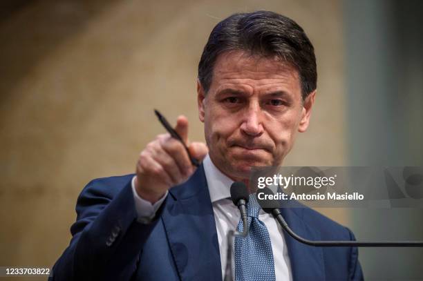 Former Prime Minister Giuseppe Conte delivers his speech during a press conference to discuss his role in the FIve-Star Movement , on June 28, 2021...