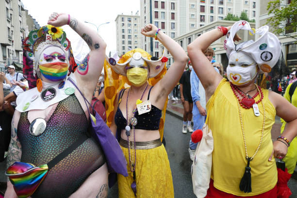 Sisters of perpetual indulgence show their hairy armpits during the Gay Pride March in Paris. Thousands of LGBT members and their supporters took...